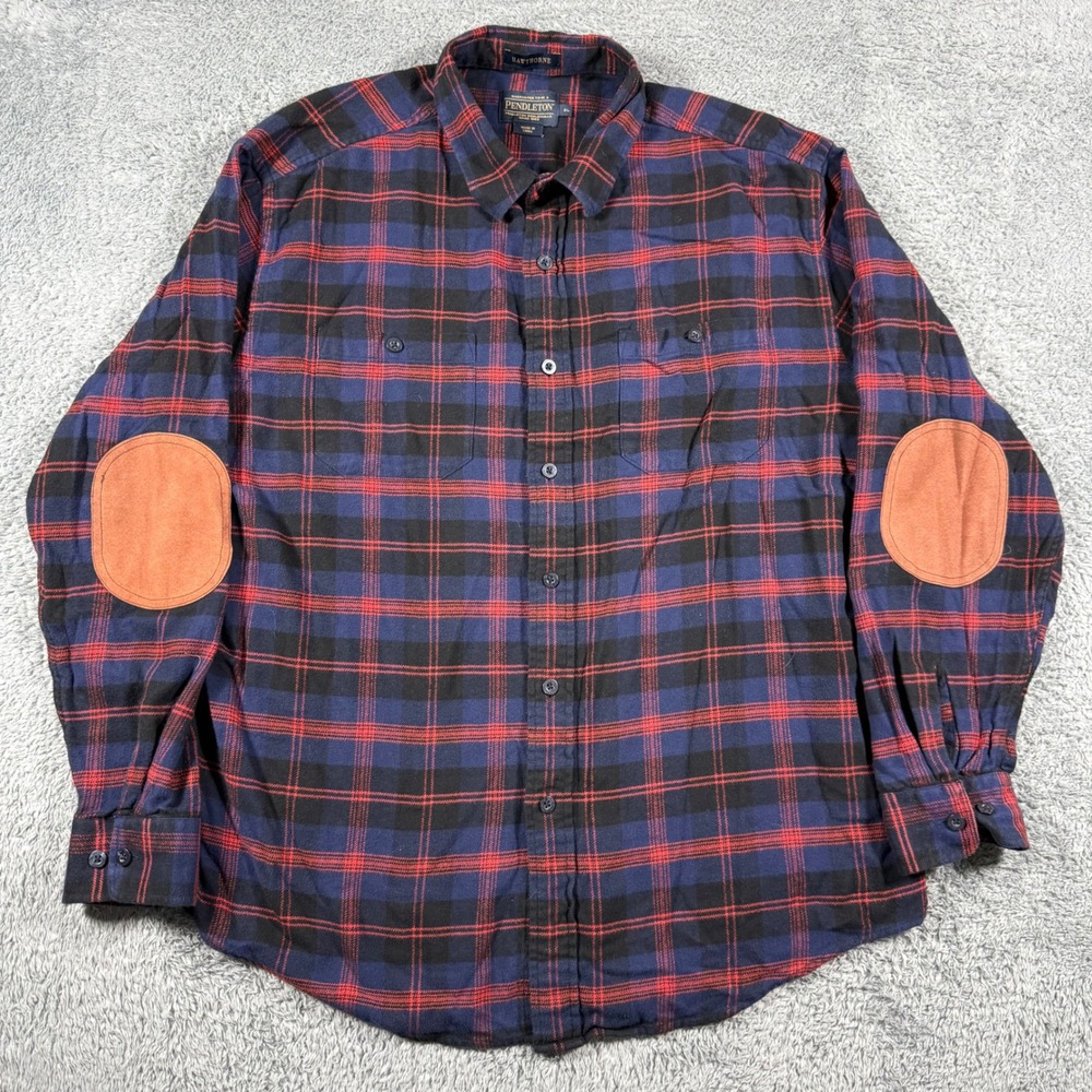 Pendleton Flannel Shirt Mens XL Blue Red Plaid Hawthorne Elbow Patches Pockets